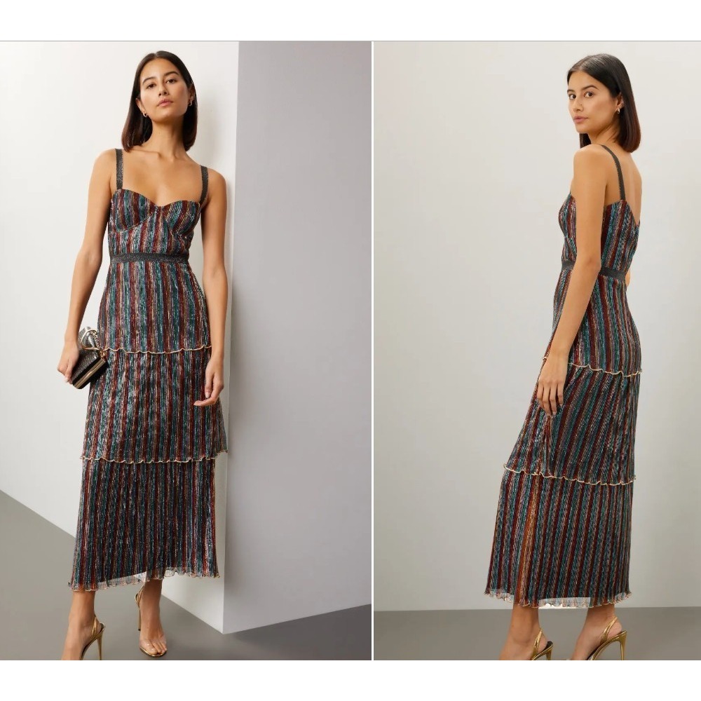 Saylor Aviva‎ Cocktail Dress Tiered Long Metallic Rainbow
